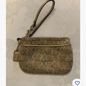COACH Small Signature Metallic Gold /Silver/Khaki Wristlet with Gold Trim
